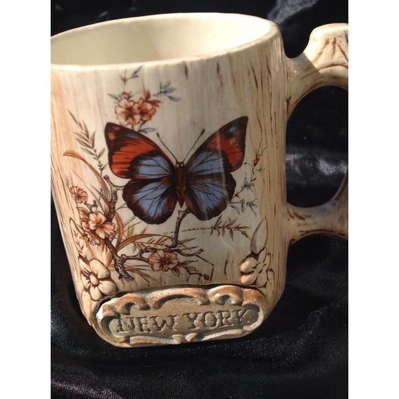Vintage Treasure Craft New York Ceramic Coffee Mug Wood Grain Butterfly USA 3D - Picture 14 of 16